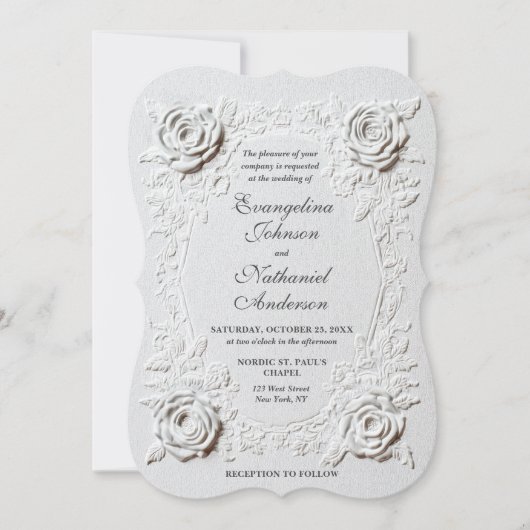  Faux Embossed Roses Script Elegant Formal Wedding 招待状 (正面)