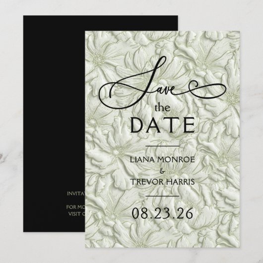 Faux Embossed Sage Green Floral Wedding セーブザデート (正面/裏面)