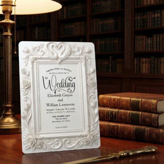 Faux Embossed Swans & Roses Fairytale Wedding 招待状