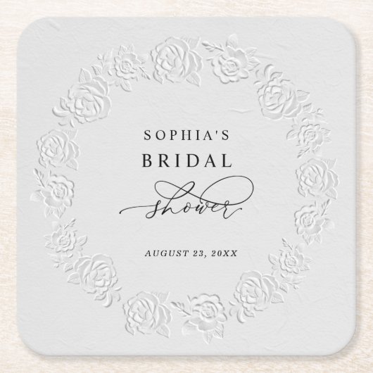Faux Embossed White Roses Bridal Shower スクエアペーパーコースター (正面)