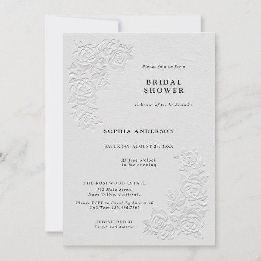 Faux Embossed White Roses Bridal Shower Invitation 招待状 (正面)