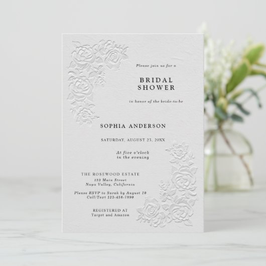 Faux Embossed White Roses Bridal Shower Invitation 招待状 (スタンド正面)