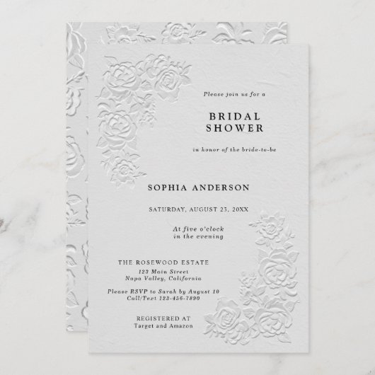 Faux Embossed White Roses Bridal Shower Invitation 招待状 (正面/裏面)