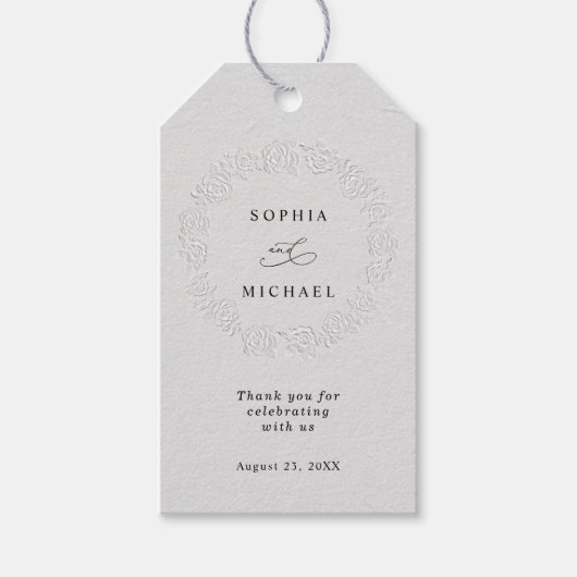 Faux Embossed White Roses Wedding Gift Tag ギフトタグ (正面)