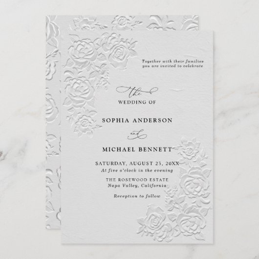 Faux Embossed White Roses Wedding Invitation 招待状 (正面/裏面)
