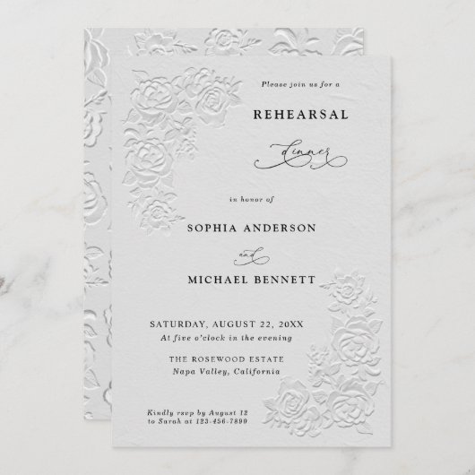 Faux Embossed White Roses Wedding Rehearsal Dinner 招待状 (正面/裏面)