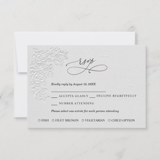 Faux Embossed White Roses Wedding RSVP Card (正面)