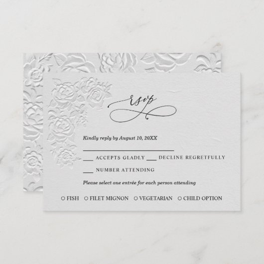Faux Embossed White Roses Wedding RSVP Card (正面/裏面)