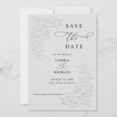 Faux Embossed White Roses Wedding Save the Date 招待状 (正面)