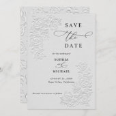 Faux Embossed White Roses Wedding Save the Date 招待状 (正面/裏面)