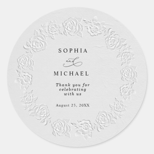Faux Embossed White Roses Wedding Sticker ラウンドシール (正面)