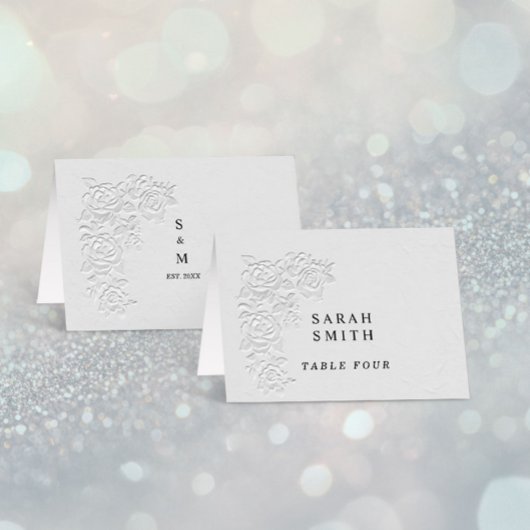 Faux Embossed White Roses Wedding Table Place Card テーブルナンバー