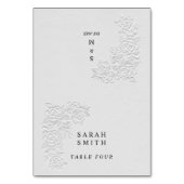 Faux Embossed White Roses Wedding Table Place Card テーブルナンバー (正面)