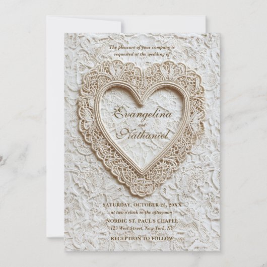 Faux Embroidery Timeless Lace Heart Formal Wedding 招待状 (正面)