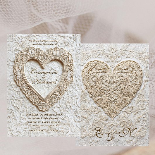 Faux Embroidery Timeless Lace Heart Formal Wedding 招待状