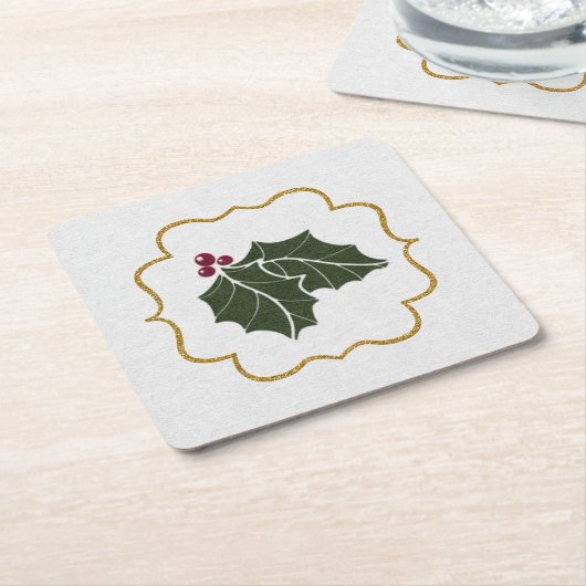 Faux Felt and Gold Glitter Holly Leaves Berries スクエアペーパーコースター (アングル)