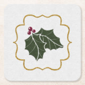 Faux Felt and Gold Glitter Holly Leaves Berries スクエアペーパーコースター (正面)