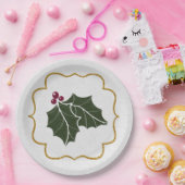 Faux Felt and Gold Glitter Holly Leaves Berries ペーパープレート (パーティー)