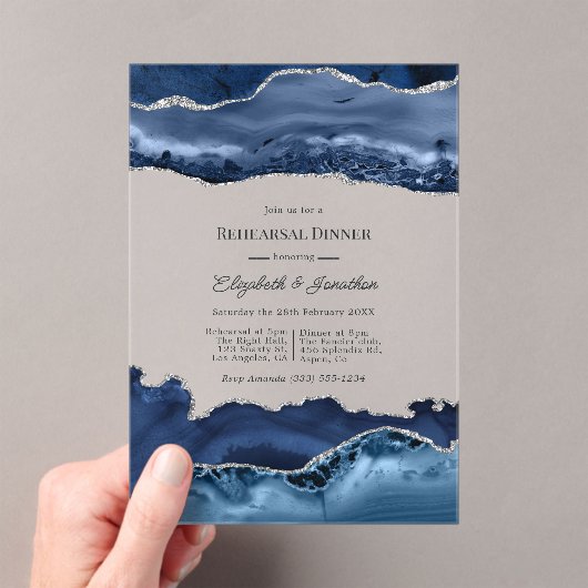 Faux Glitter Navy & Silver Agate Rehearsal Dinner アクリル招待状 (インサイチュ (ポータブル))