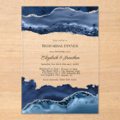 Faux Glitter Navy & Silver Agate Rehearsal Dinner アクリル招待状 (正面)