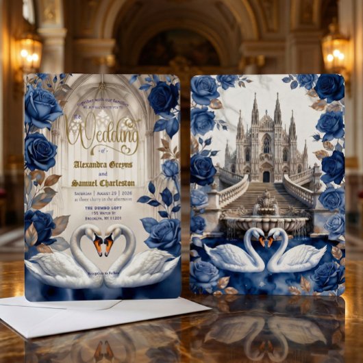 Faux Gold & Bronze Swans Marble Cathedral Wedding 招待状