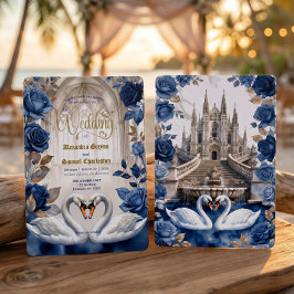 Faux Gold & Bronze Swans Marble Cathedral Wedding 招待状