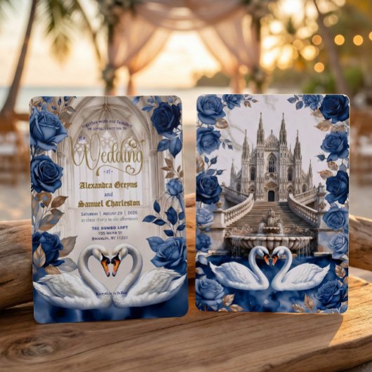 Faux Gold & Bronze Swans Marble Cathedral Wedding 招待状