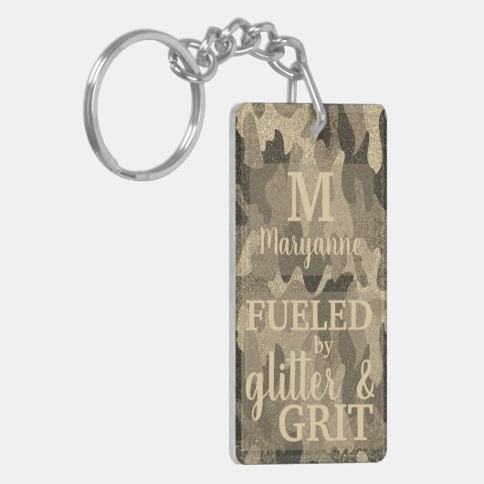 Faux Gold Camouflage Glitter Metallic Camo Name キーホルダー (正面左)