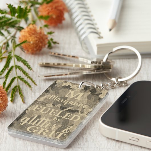 Faux Gold Camouflage Glitter Metallic Camo Name キーホルダー (正面右)