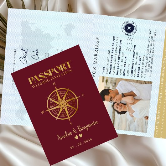 Faux Gold Compass Travel passport destination 招待状