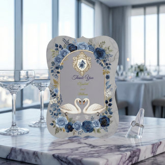 Faux Gold Crest & Watercolor Blue Swans サンキューカード