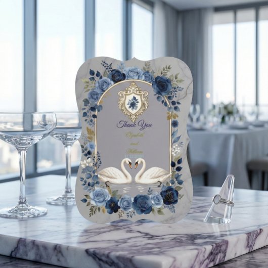 Faux Gold Crest & Watercolor Blue Swans サンキューカード