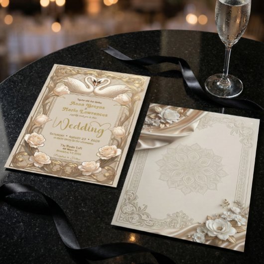 Faux Gold Embossed Baroque Swan Fairytale  Wedding 招待状