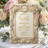 Faux Gold Embossed Rococo Floral Crest 招待状