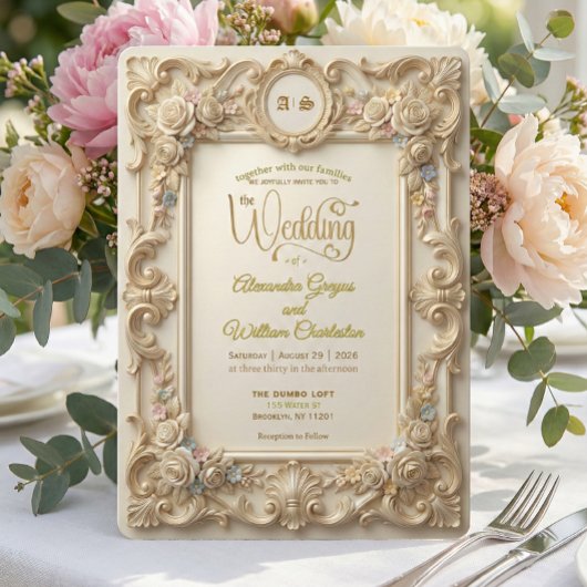 Faux Gold Embossed Rococo Floral Crest 招待状