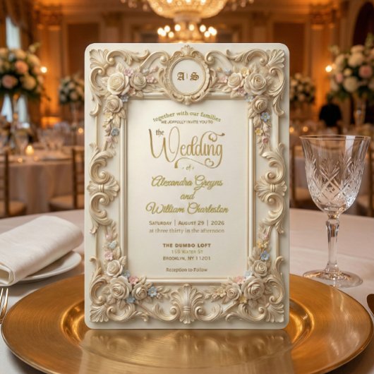 Faux Gold Embossed Rococo Floral Crest 招待状