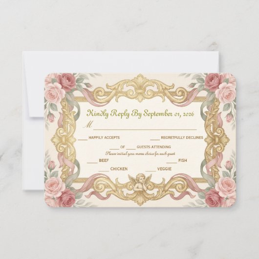 Faux Gold Foil Baroque Rococo Floral 出欠カード (正面)