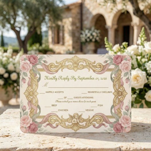 Faux Gold Foil Baroque Rococo Floral 出欠カード