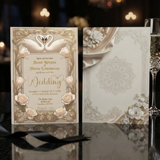 Faux Gold Foil Baroque Swans Champagne 招待状