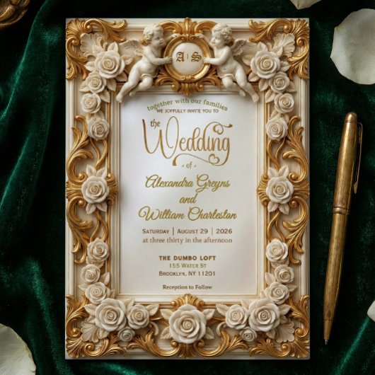 Faux Gold Foil Embossed Style Baroque Monogram 招待状
