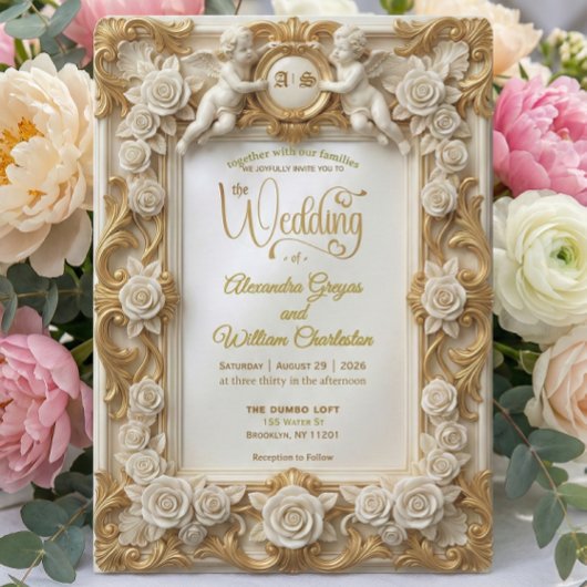 Faux Gold Foil Embossed Style Baroque Monogram 招待状