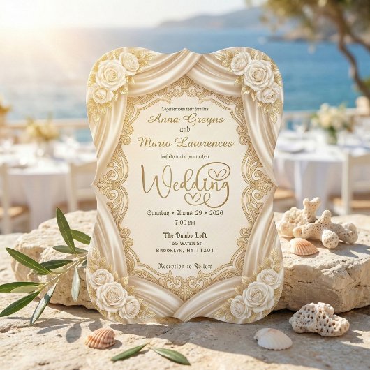 Faux Gold Foil Ornate Frame Printed Satin Wedding 招待状
