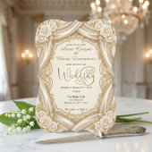 Faux Gold Foil Ornate Frame Printed Satin Wedding 招待状