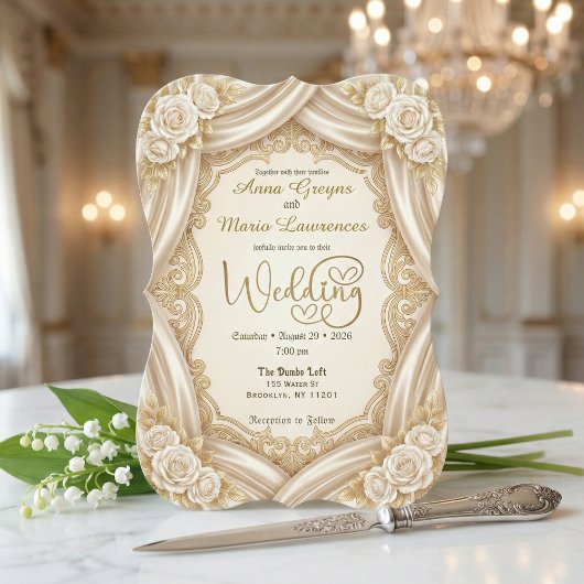 Faux Gold Foil Ornate Frame Printed Satin Wedding  招待状