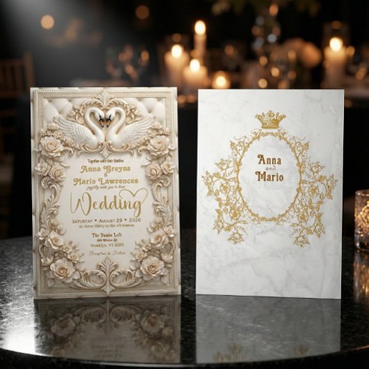 Faux Gold Foil Relief Effect Ivory Marble 招待状