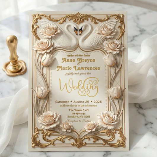 Faux Gold Foil & Satin Effect Baroque Swan 招待状