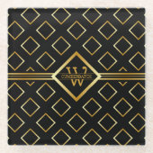 FAUX Gold Geometric Pattern with Monogram on BLACK ガラスコースター (正面)