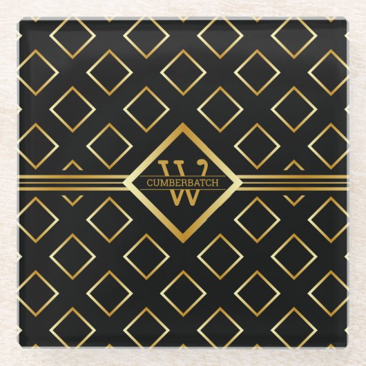 FAUX Gold Geometric Pattern with Monogram on BLACK ガラスコースター (正面)
