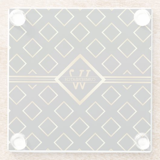 FAUX Gold Geometric Pattern with Monogram on BLACK ガラスコースター (裏面)