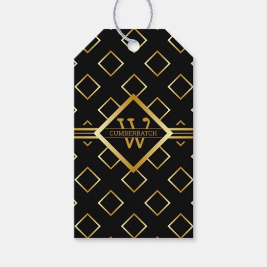 FAUX Gold Geometric Pattern with Monogram on BLACK ギフトタグ (正面)
